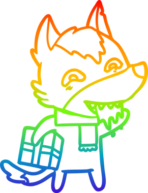 Gökkuşağı gradyan çizgi çizimi bir insan tarafından çizilmiş, aç bir kurdun Noel hediyesini taşıyor.