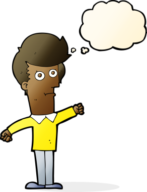 Bir insan tarafından çizilmiş düşünce baloncuğuyla yumruk atan çizgi film adamı.