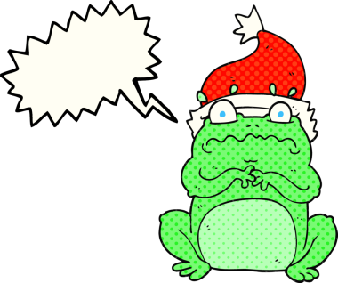 El yazısıyla çizilmiş çizgi roman konuşma balonu, bir insan tarafından çizilmiş Noel şapkasındaki kurbağa.