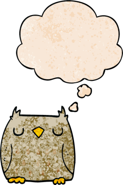 Bir insan tarafından çizilmiş grunge doku tarzında düşünce baloncuğu olan sevimli çizgi film baykuşu.