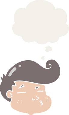 Düşünce baloncuğu olan çizgi film çocuğunun yüzü bir insan tarafından çizilmiş.