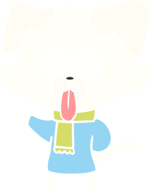 Bir insan tarafından çizilmiş kış kıyafetleri içinde düz renkli çizgi film köpeği.