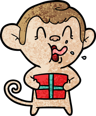 Bir insan tarafından çizilmiş Noel hediyesi olan çılgın çizgi film maymunu.