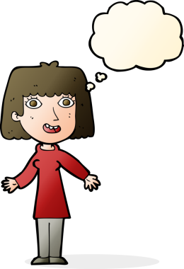 Bir insan tarafından çizilmiş düşünce balonlu mutlu kadın çizgi filmi.