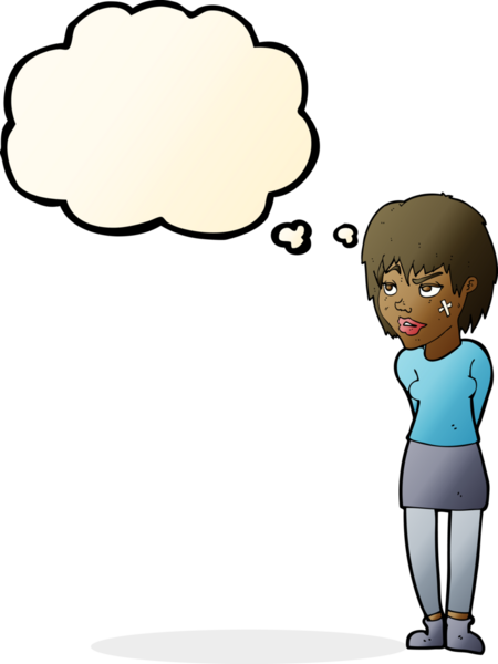 Yüzünde alçı olan, bir insan tarafından çizilmiş düşünce balonu olan karikatür kadın.