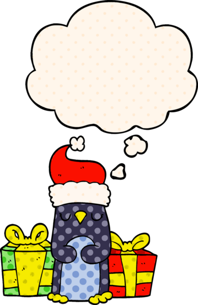 Bir insan tarafından çizilmiş çizgi roman tarzında düşünce baloncuğu olan şirin bir Noel pengueni.