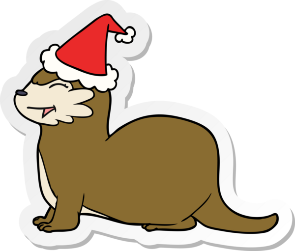 Gülen su samuru eli bir insan tarafından çizilmiş Noel Baba şapkasının çıkartması.