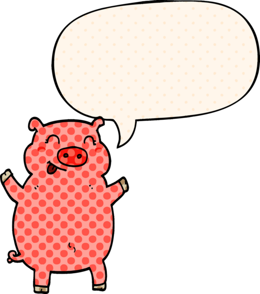 Bir insan tarafından çizilmiş çizgi roman tarzında konuşma balonlu bir domuz.