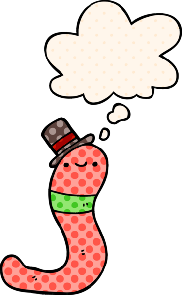 Bir insan tarafından çizilmiş çizgi roman tarzında düşünce baloncuğu olan şirin bir solucan.