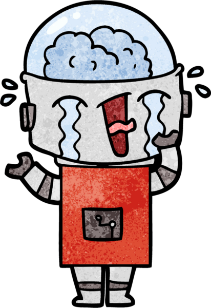 Bir insan tarafından çizilmiş ağlayan robot çizgi film.