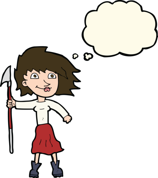 Bir insan tarafından çizilmiş düşünce balonlu mızraklı karikatür kadın.