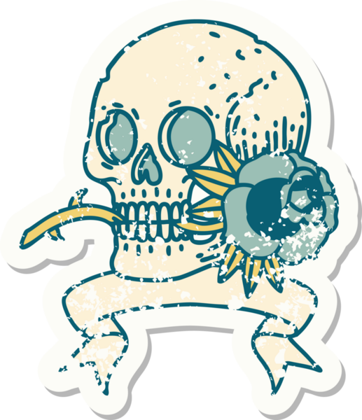 Bir insan tarafından çizilmiş kafatası ve gülü olan eski bir etiket.