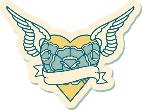 Geleneksel kalp stili dövme çıkartması. Kanatları, çiçekleri ve insan sancağıyla çizilmiş.