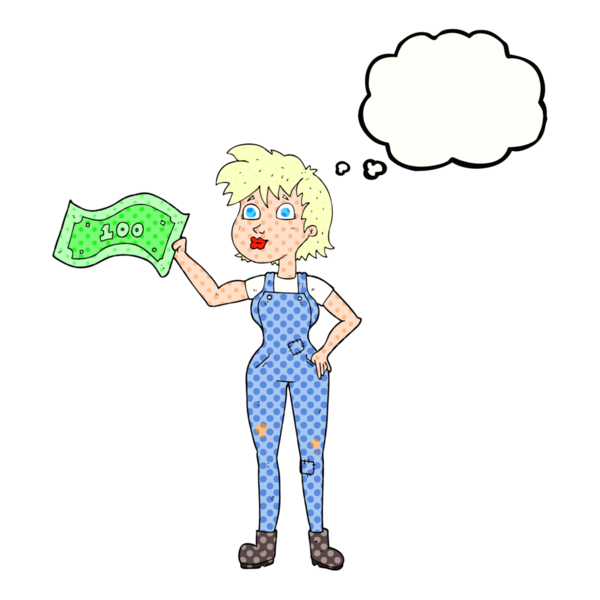 Serbest çizim düşünce balonu karikatürü. Kendine güveni olan, bir insan tarafından çekilen paralı bir çiftçi kadın.