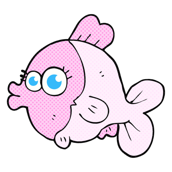 Bir insan tarafından çizilmiş büyük, güzel gözleri olan çizgili karikatür balığı.