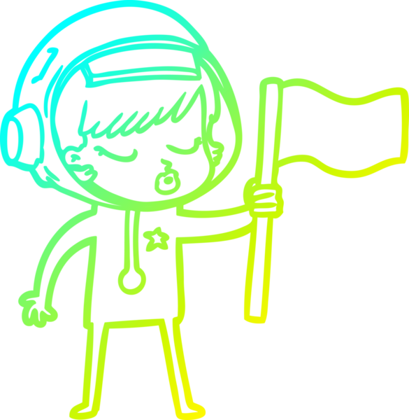 Bir çizgi film karakteri çizen soğuk gradyan güzel astronot kız bir insan tarafından çizilmiş bayrak dikiyor.