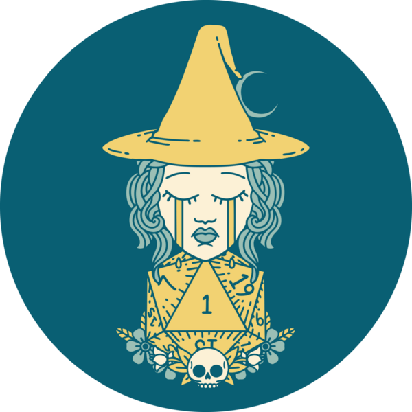 Retro Dövme Tarzı Ağlayan İnsan Cadı Doğal bir D20 zar atışıyla Bir insan tarafından çizilmiş