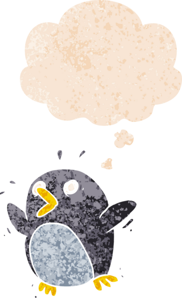 Düşünce baloncuğu olan karikatür korkmuş penguen dertli eski moda bir insan tarafından çizilmiş.