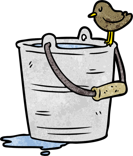Bir insan tarafından çizilmiş bir kova suya bakan çizgi film kuşu.
