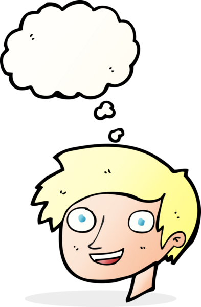 Bir insan tarafından çizilmiş düşünce baloncuklu mutlu çocuk yüzü.