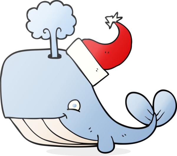 Bir insan tarafından çizilmiş Noel şapkası takan serbest çizim balinası.