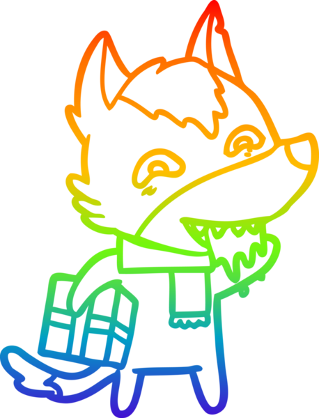 Gökkuşağı gradyan çizgi çizimi bir insan tarafından çizilmiş, aç bir kurdun Noel hediyesini taşıyor.