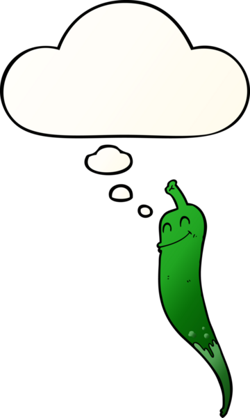 Düşünce baloncuğu olan kırmızı biber çizgi filmi bir insan tarafından çizilmiş.