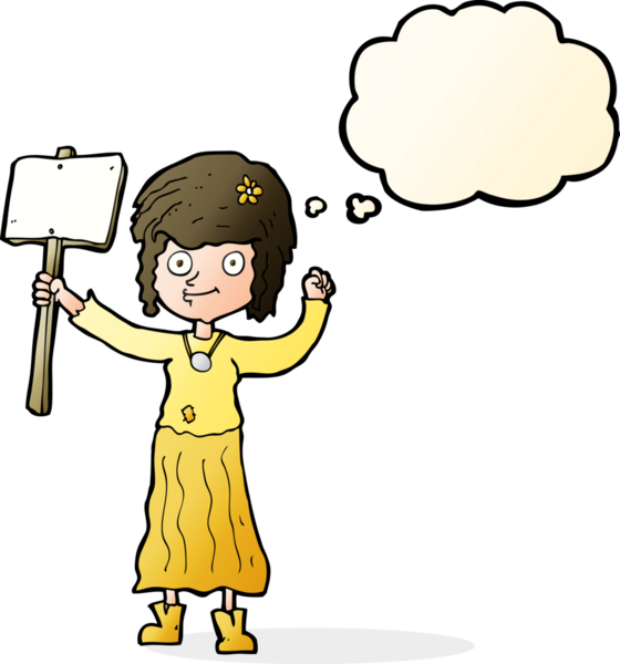 Bir insan tarafından çizilmiş düşünce balonlu protestolu hippi kız.