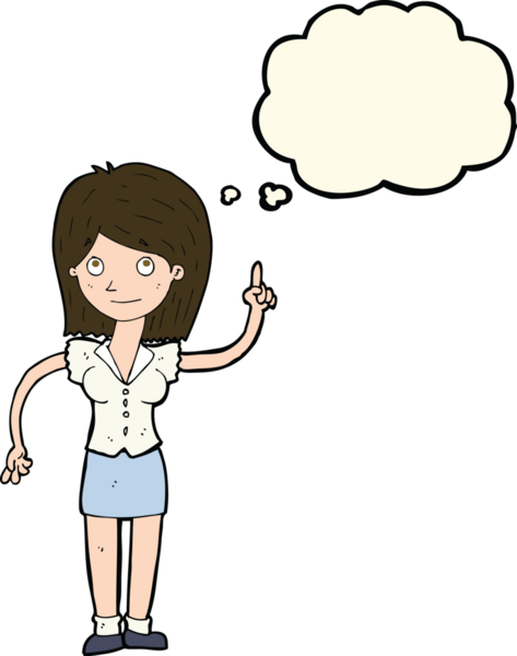 Bir insan tarafından çizilmiş düşünce baloncuğu fikri olan karikatür kadın.