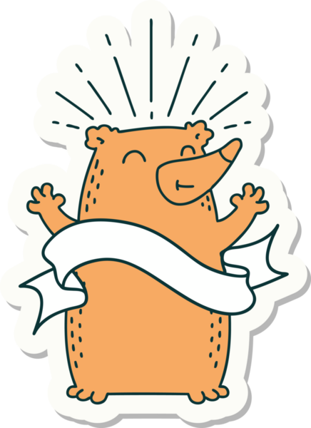 Bir insan tarafından çizilmiş dövme stili mutlu ayı çıkartması.