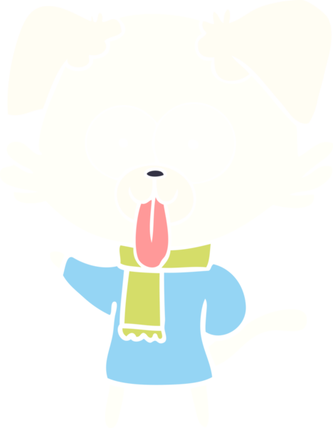 Bir insan tarafından çizilmiş kış kıyafetleri içinde düz renkli çizgi film köpeği.