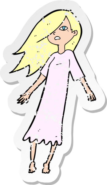 İnsan tarafından çizilmiş bir kız gibi karikatür bir hayaletin gerilimli çıkartması.