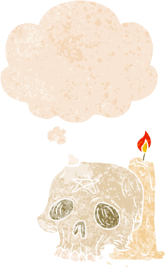 Homurdanan düşünce baloncuklu, korkunç kafatası ve mum bir insan tarafından çizilmiş, sıkıntılı retro dokuma tarzı