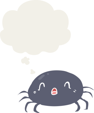 Düşünce baloncuklu çizgi film örümceği insan tarafından çizilmiş.