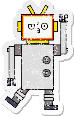 Bir insan tarafından çizilmiş sevimli bir robot çizgi film çıkartması.