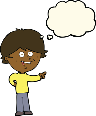 Çizgi filmci çocuk gülüyor ve bir insan tarafından çizilmiş düşünce balonuyla işaret ediyor.