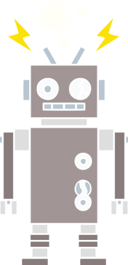 Bir insan tarafından çizilmiş arızalı bir robotun düz renk retro karikatürü