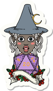 Bir insan tarafından çizilmiş doğal yirmi zarlı elf büyücü karakterinin çıkartması.