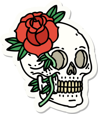 Geleneksel kafatası stili dövme çıkartması ve bir insan tarafından çizilmiş gül.