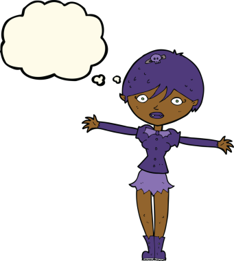 Bir insan tarafından çizilmiş düşünce balonlu vampir kız.