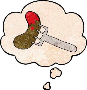 Çatal üzerinde çizgi film sosisi ve insan tarafından çizilmiş grunge desen şeklinde bir düşünce balonu.