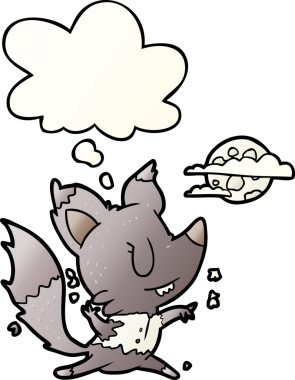 Ay ışığında değişen bir kurtadam çizgi filmi. Düşünce baloncuğu bir insan tarafından çizilmiş.