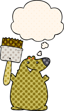 Düşünce baloncuklu boya fırçası olan çizgi film ayısı çizgi roman tarzında bir insan tarafından çizilmiş.