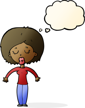 Bir insan tarafından çizilmiş düşünce baloncuğu olan kapalı gözlü çizgi film kadını.