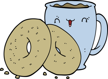 Bir insan tarafından çizilmiş kahve ve çörekler.