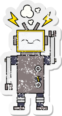 Bir insan tarafından çizilmiş sevimli bir robot çizgi film çıkartması.