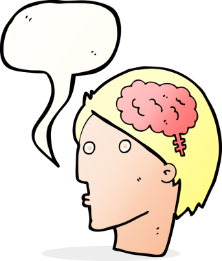 Bir insan tarafından çizilmiş konuşma balonlu beyin sembollü çizgi film adamı.