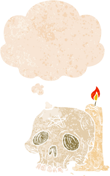 Homurdanan düşünce baloncuklu, korkunç kafatası ve mum bir insan tarafından çizilmiş, sıkıntılı retro dokuma tarzı