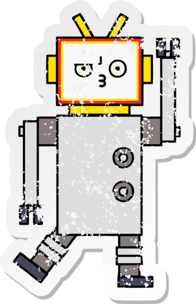 Bir insan tarafından çizilmiş sevimli bir robot çizgi film çıkartması.