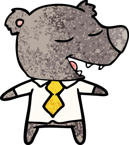 Bir insan tarafından çizilmiş gömlek ve kravat giyen çizgi film ayısı.